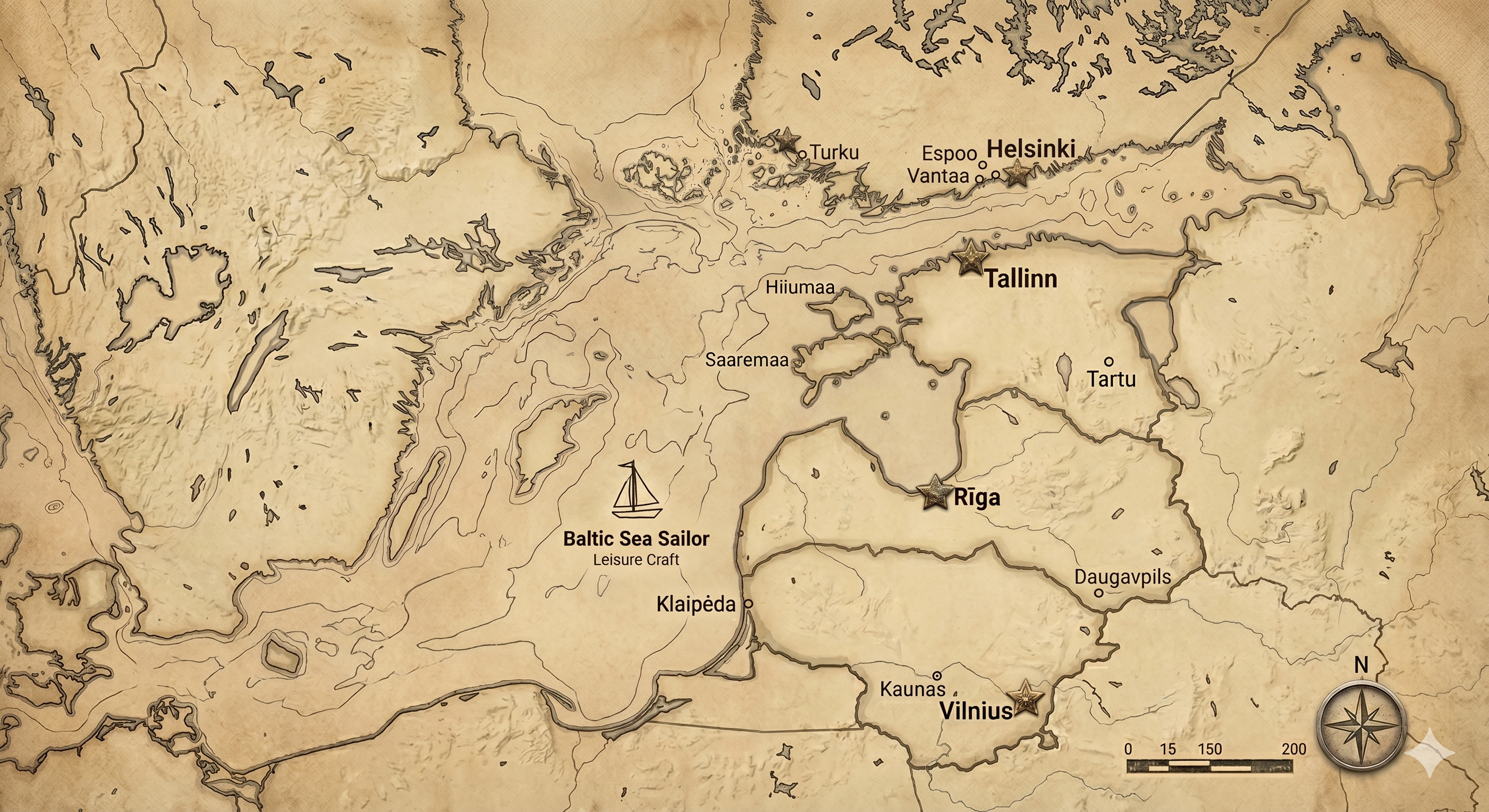 Vintage Baltic region map showing Finland, Estonia, Latvia, and Lithuania