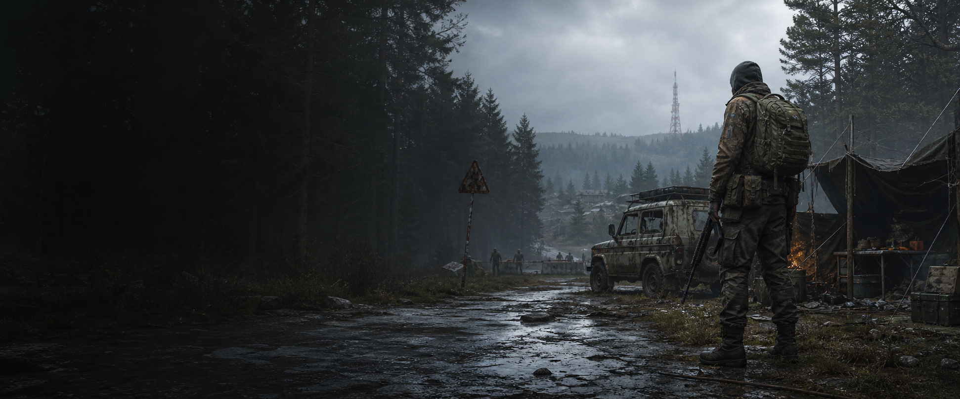 Armed survivor overlooking an abandoned vehicle, forest camp, radio tower, and distant infected